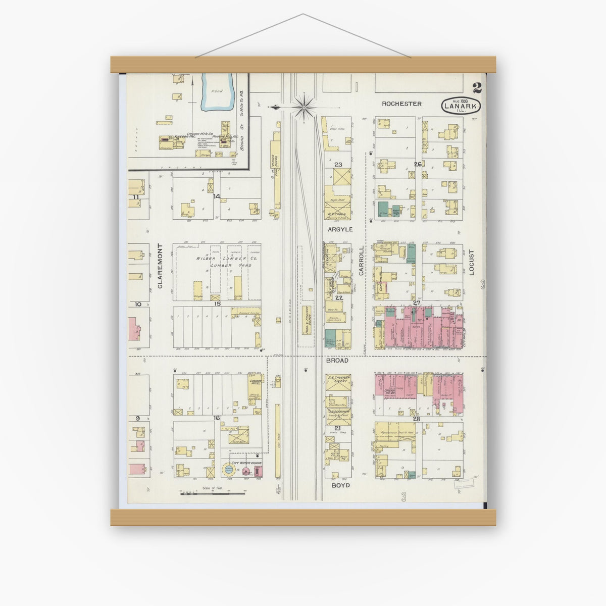 Old map wall art mockup — magnetic wood frame on white wall — Sanborn Fire Insurance Map from Lanark, Carroll County, Illinois (1893), Sheet #0002
