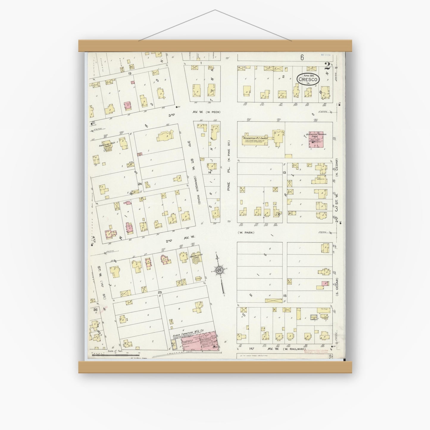 Old map wall art mockup — magnetic wood frame on white wall — Sanborn Fire Insurance Map from Cresco, Howard County, Iowa (1914), Sheet #0002