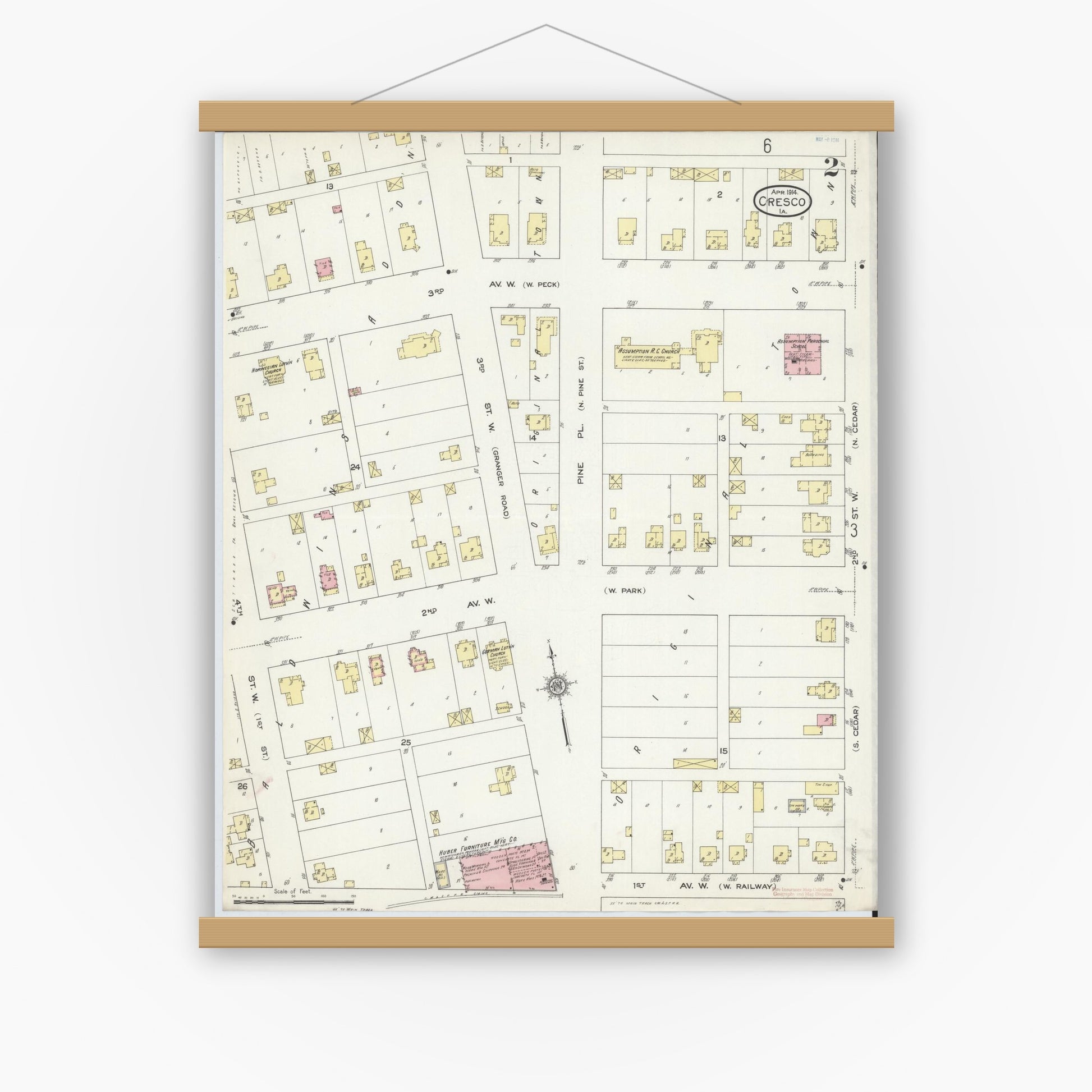 Old map wall art mockup — magnetic wood frame on white wall — Sanborn Fire Insurance Map from Cresco, Howard County, Iowa (1914), Sheet #0002