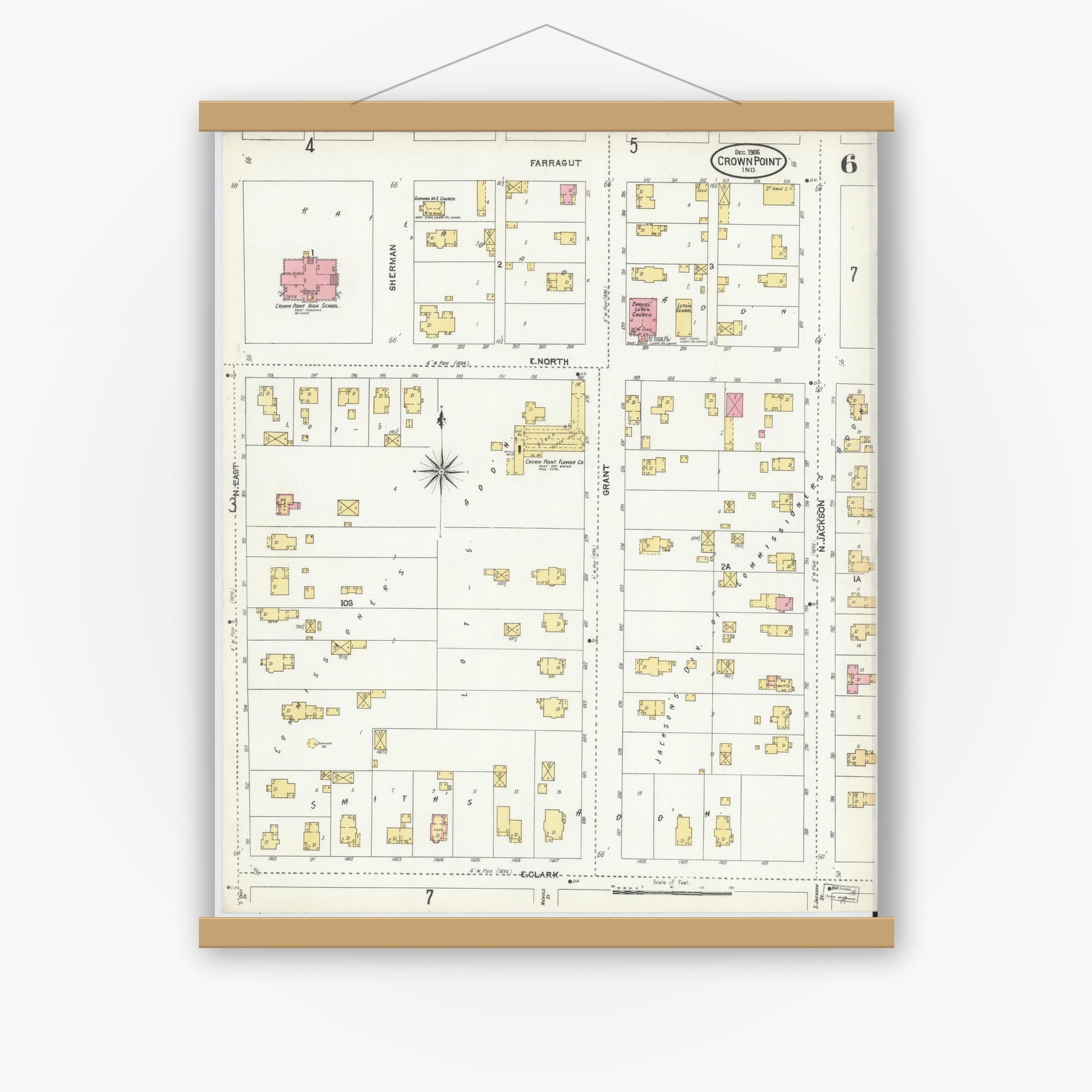 Old map wall art mockup — magnetic wood frame on white wall — Sanborn Fire Insurance Map from Crown Point, Lake County, Indiana (1905), Sheet #0006