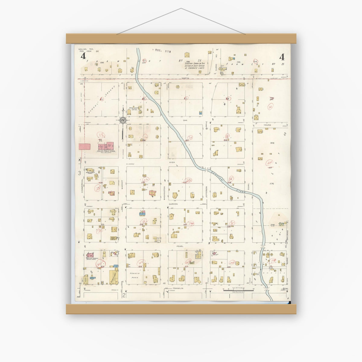Old map wall art mockup — magnetic wood frame on white wall — Sanborn Fire Insurance Map from Goliad, Goliad County, Texas (1944), Sheet #0004