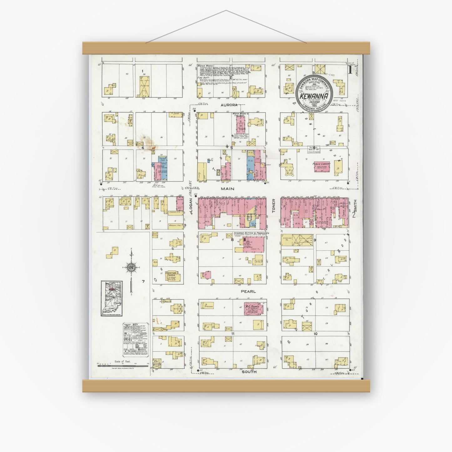 Old map wall art mockup — magnetic wood frame on white wall — Sanborn Fire Insurance Map from Kewanna, Fulton County, Indiana (1920) - Complete Map Set
