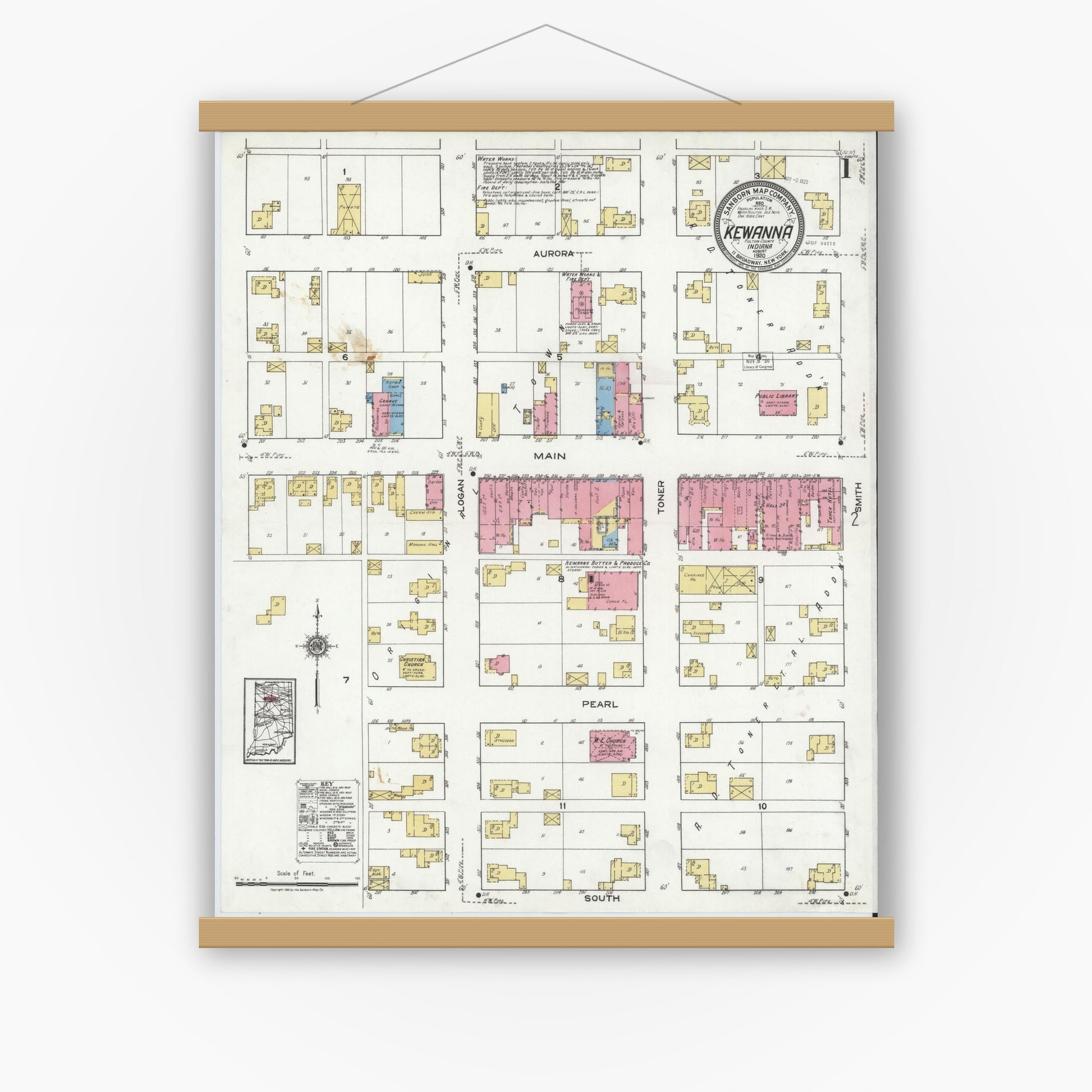 Old map wall art mockup — magnetic wood frame on white wall — Sanborn Fire Insurance Map from Kewanna, Fulton County, Indiana (1920) - Complete Map Set