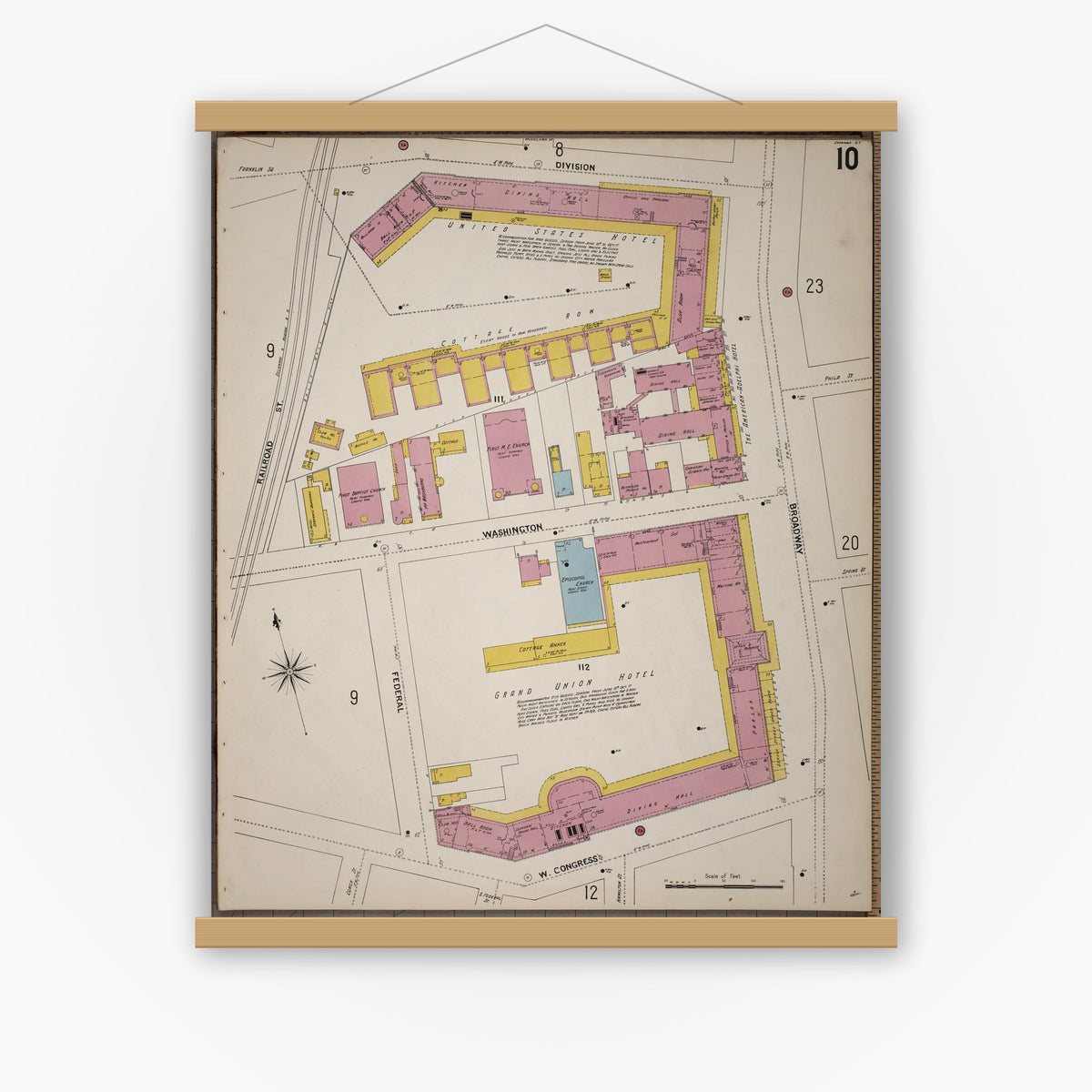 Old map wall art mockup — magnetic wood frame on white wall — Sanborn Fire Insurance Map from Saratoga, Saratoga County, New York (1900), Sheet #0010