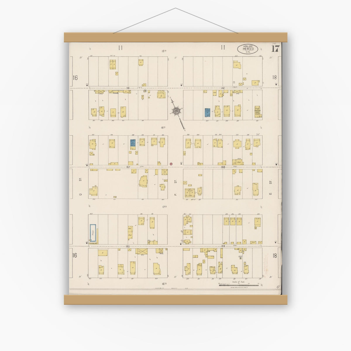 Old map wall art mockup — magnetic wood frame on white wall — Sanborn Fire Insurance Map from Merced, Merced County, California (1922), Sheet #0017