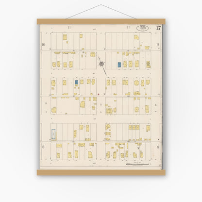 Old map wall art mockup — magnetic wood frame on white wall — Sanborn Fire Insurance Map from Merced, Merced County, California (1922), Sheet #0017