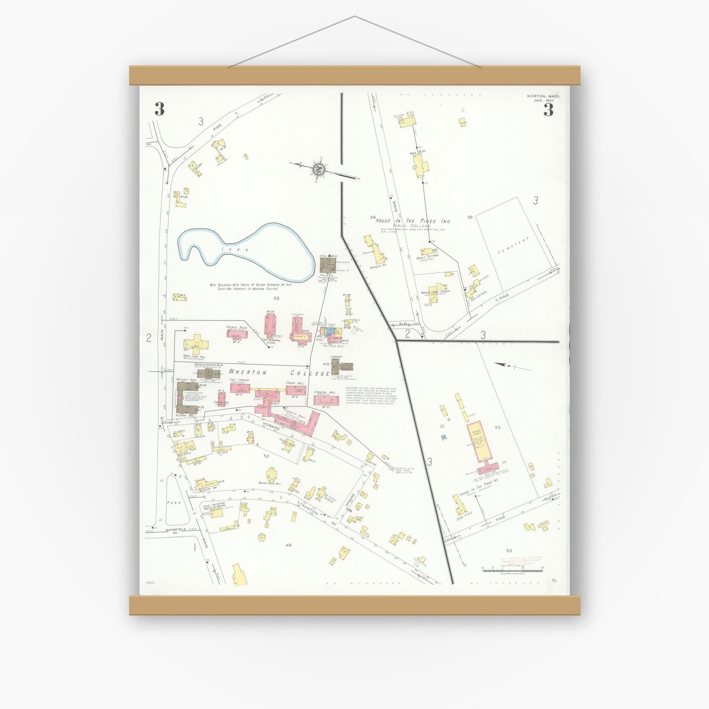 Old map wall art mockup — magnetic wood frame on white wall — Sanborn Fire Insurance Map from Norton, Bristol County, Massachusetts (1937), Sheet #0003