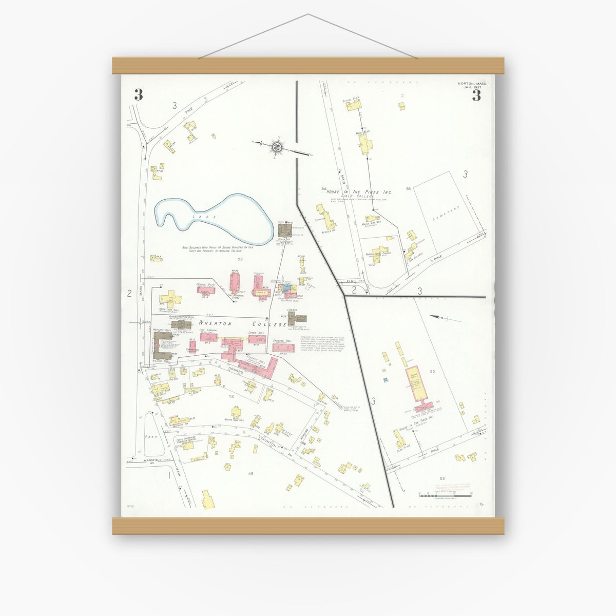 Old map wall art mockup — magnetic wood frame on white wall — Sanborn Fire Insurance Map from Norton, Bristol County, Massachusetts (1937), Sheet #0003