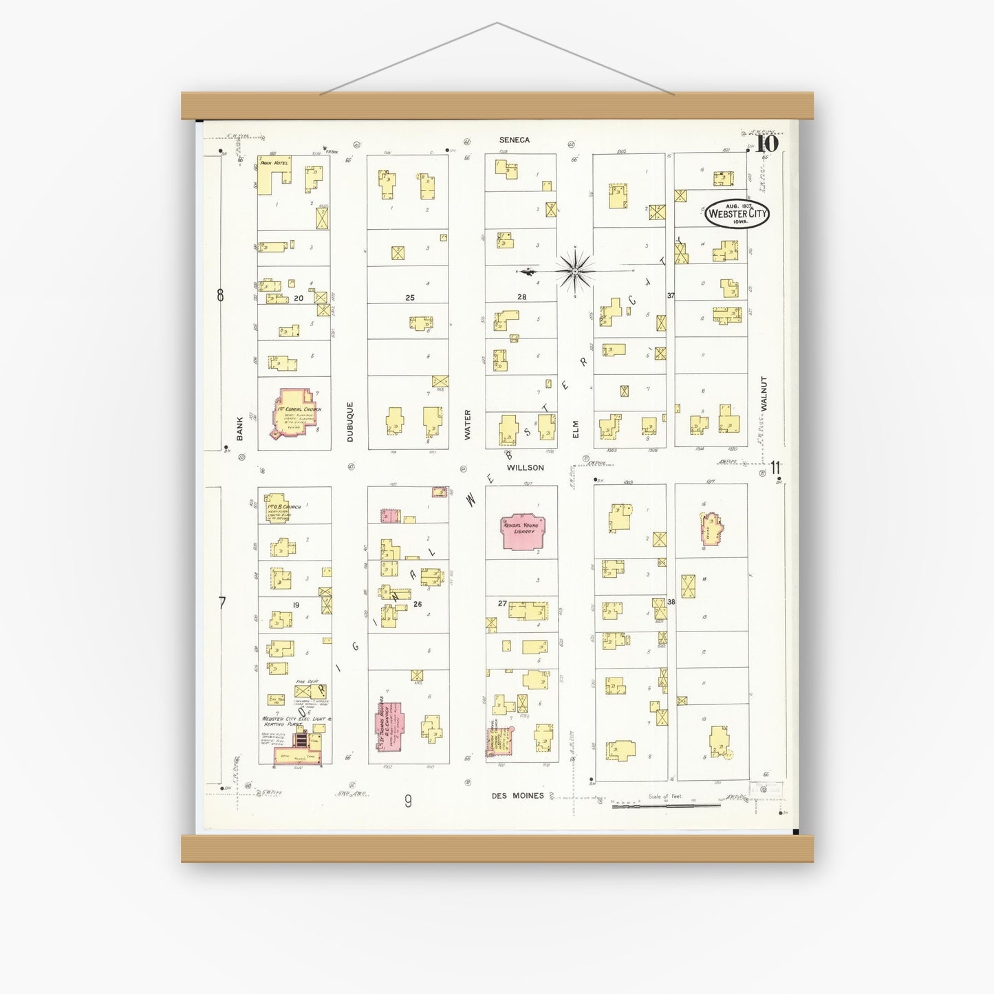 Old map wall art mockup — magnetic wood frame on white wall — Sanborn Fire Insurance Map from Webster City, Hamilton County, Iowa (1907), Sheet #0010