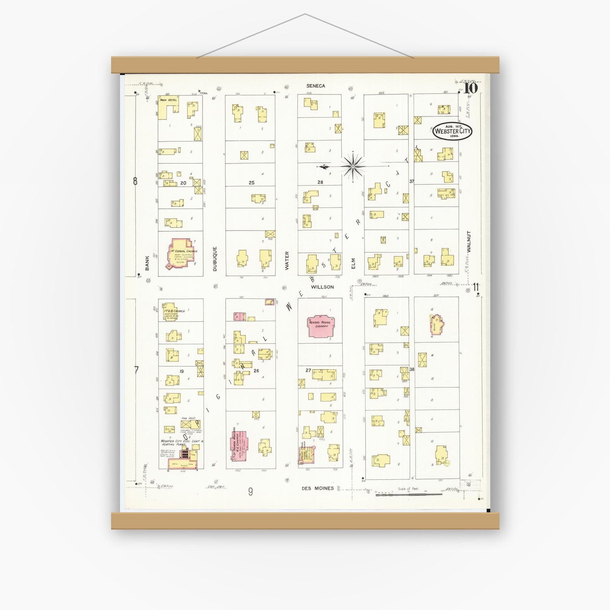 Old map wall art mockup — magnetic wood frame on white wall — Sanborn Fire Insurance Map from Webster City, Hamilton County, Iowa (1907), Sheet #0010