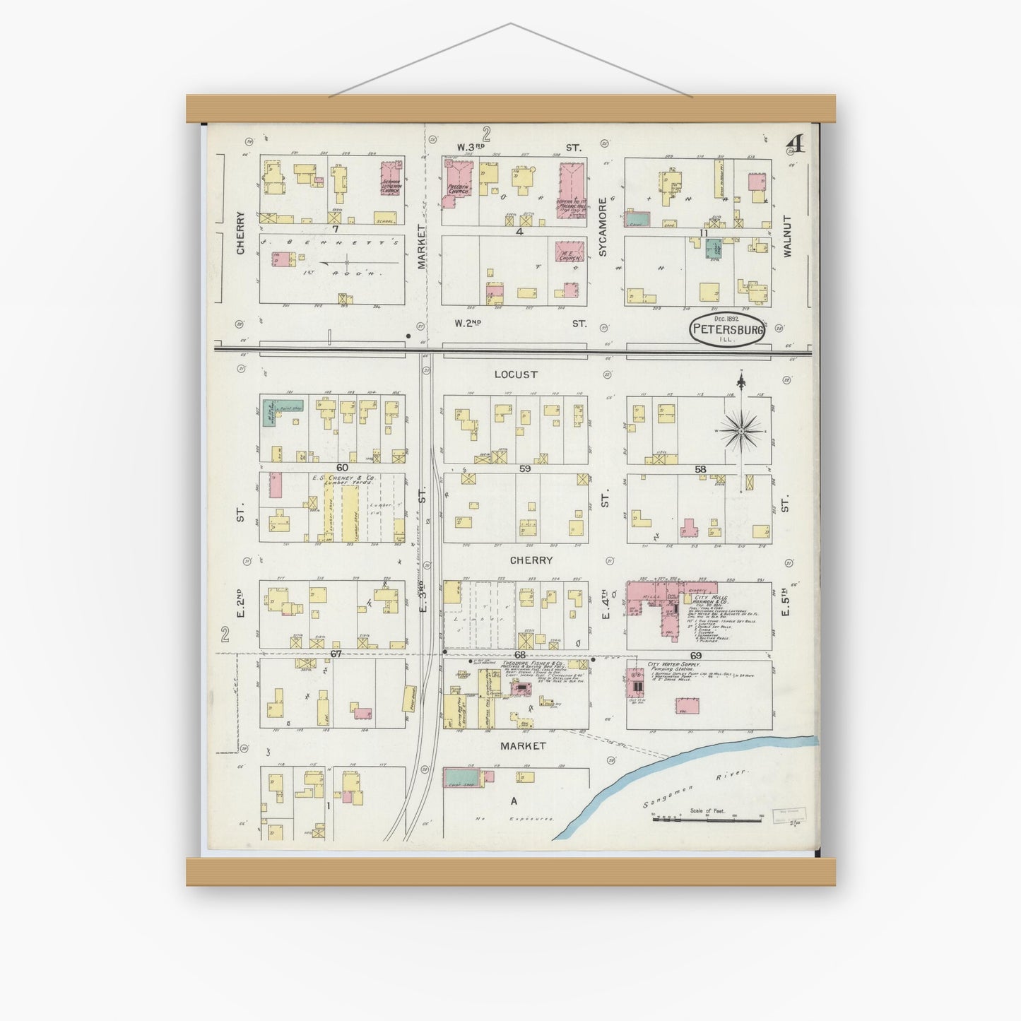 Old map wall art mockup — magnetic wood frame on white wall — Sanborn Fire Insurance Map from Petersburg, Menard County, Illinois (1892), Sheet #0004