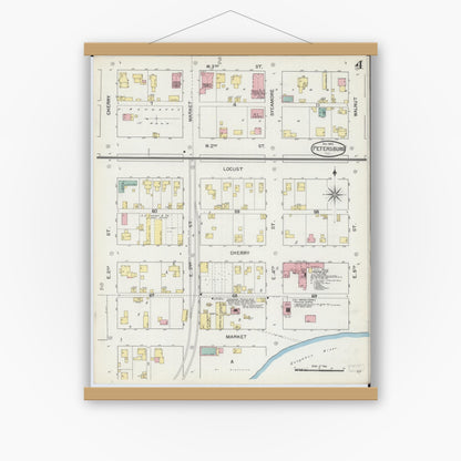 Old map wall art mockup — magnetic wood frame on white wall — Sanborn Fire Insurance Map from Petersburg, Menard County, Illinois (1892), Sheet #0004
