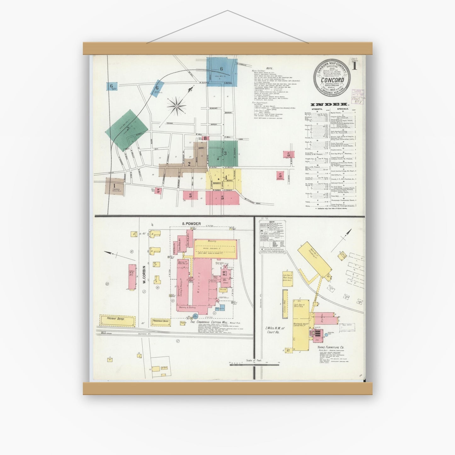 Old map wall art mockup — magnetic wood frame on white wall — Sanborn Fire Insurance Map from Concord, Cabarrus County, North Carolina (1902) - Complete Map Set
