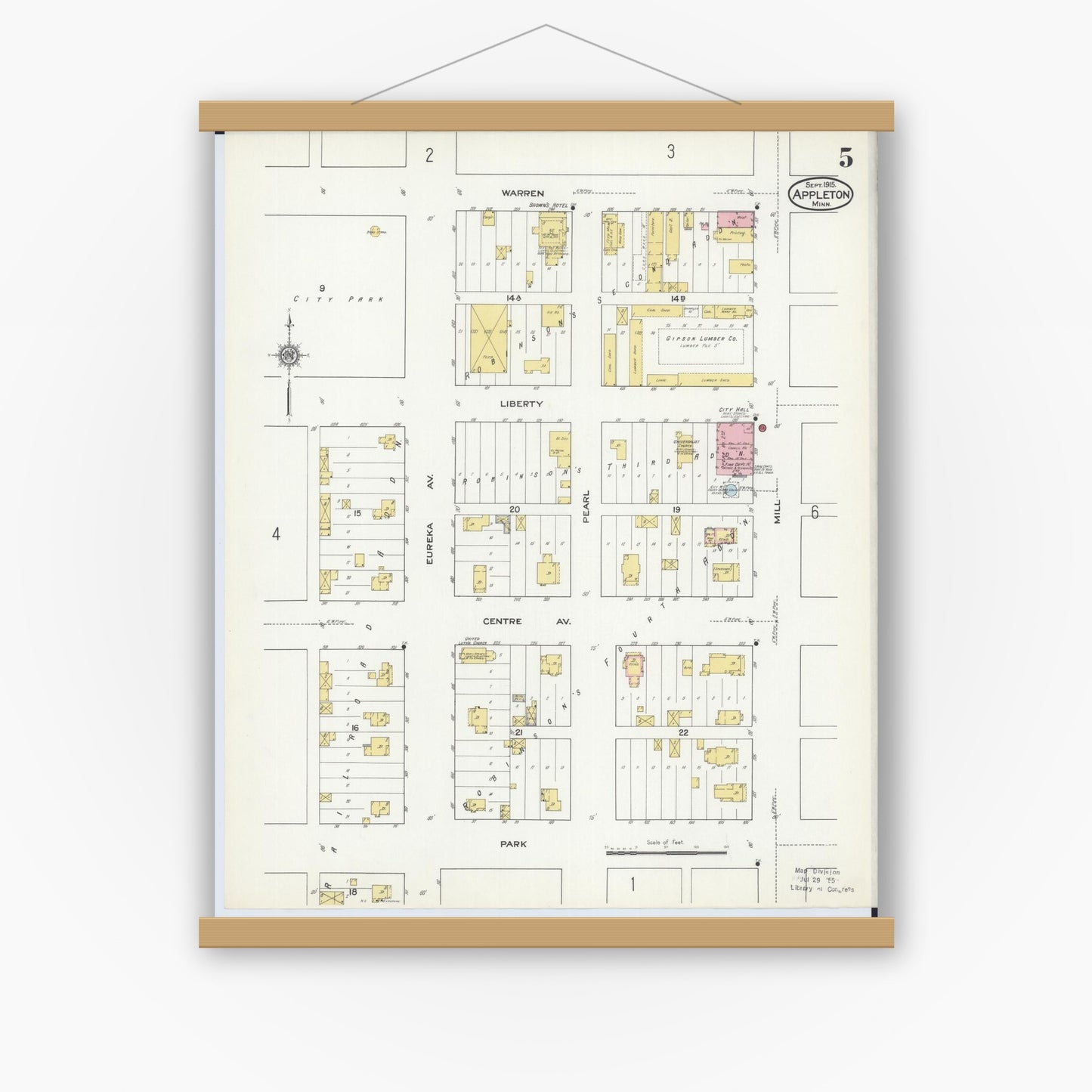 Old map wall art mockup — magnetic wood frame on white wall — Sanborn Fire Insurance Map from Appleton, Swift County, Minnesota (1915), Sheet #0005