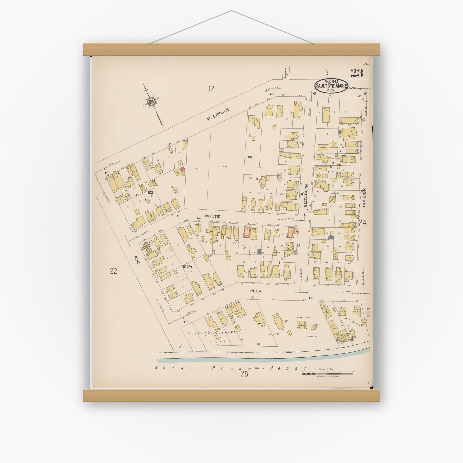 Old map wall art mockup — magnetic wood frame on white wall — Sanborn Fire Insurance Map from Sault Sainte Marie, Chippewa County, Michigan (1922), Sheet #0023