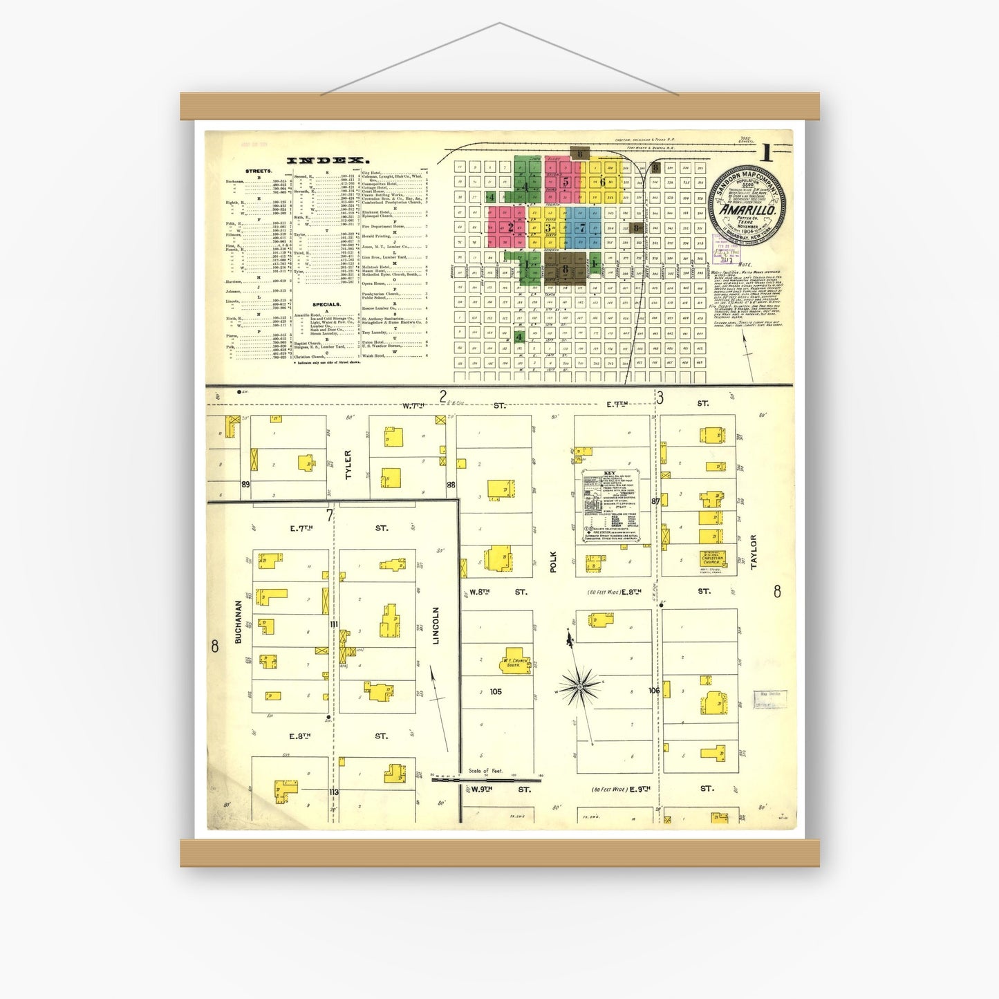 Old map wall art mockup — magnetic wood frame on white wall — Sanborn Fire Insurance Map from Amarillo, Potter County, Texas (1904), Sheet #0001