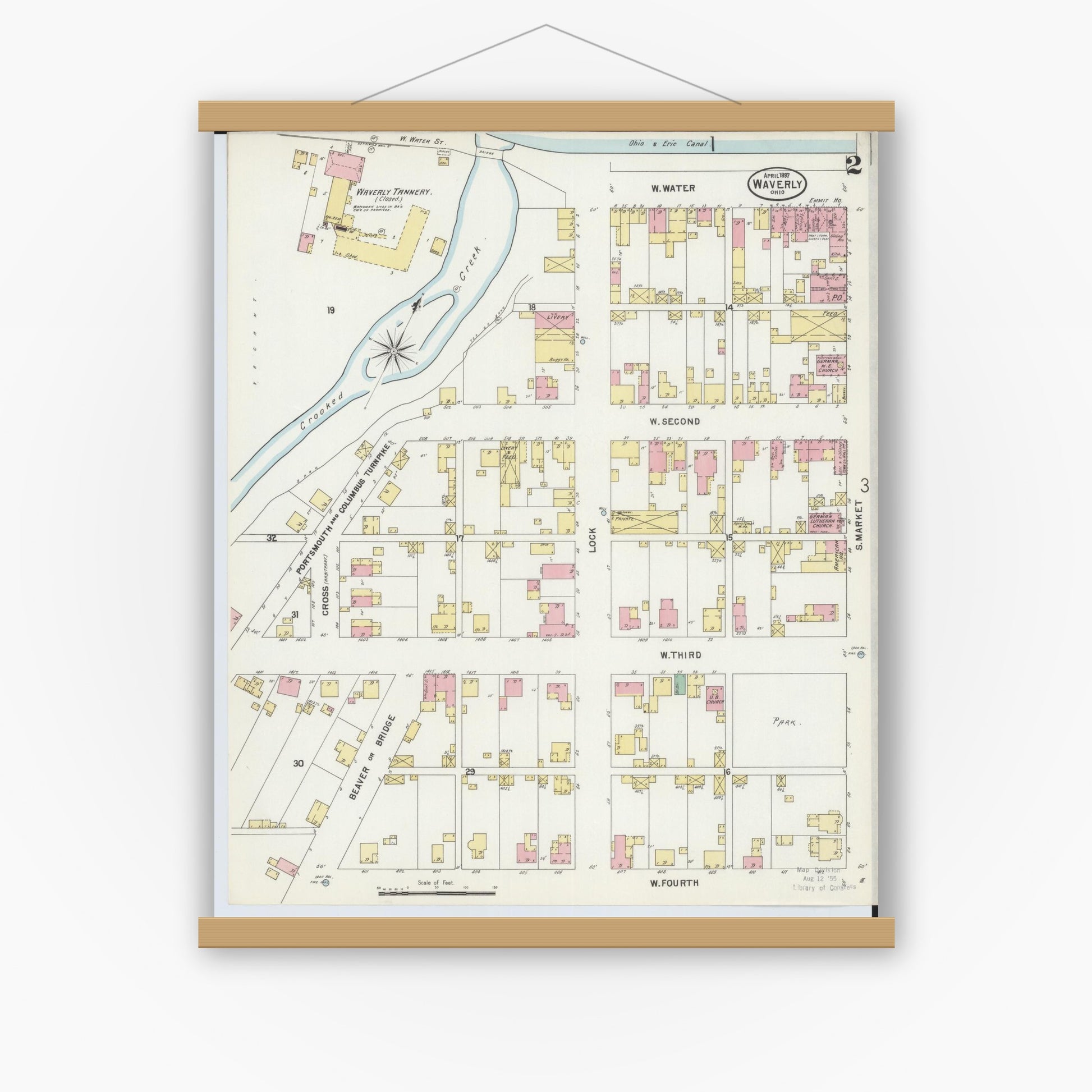 Old map wall art mockup — magnetic wood frame on white wall — Sanborn Fire Insurance Map from Waverly, Pike County, Ohio (1897), Sheet #0002