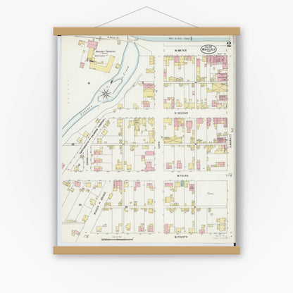 Old map wall art mockup — magnetic wood frame on white wall — Sanborn Fire Insurance Map from Waverly, Pike County, Ohio (1897), Sheet #0002