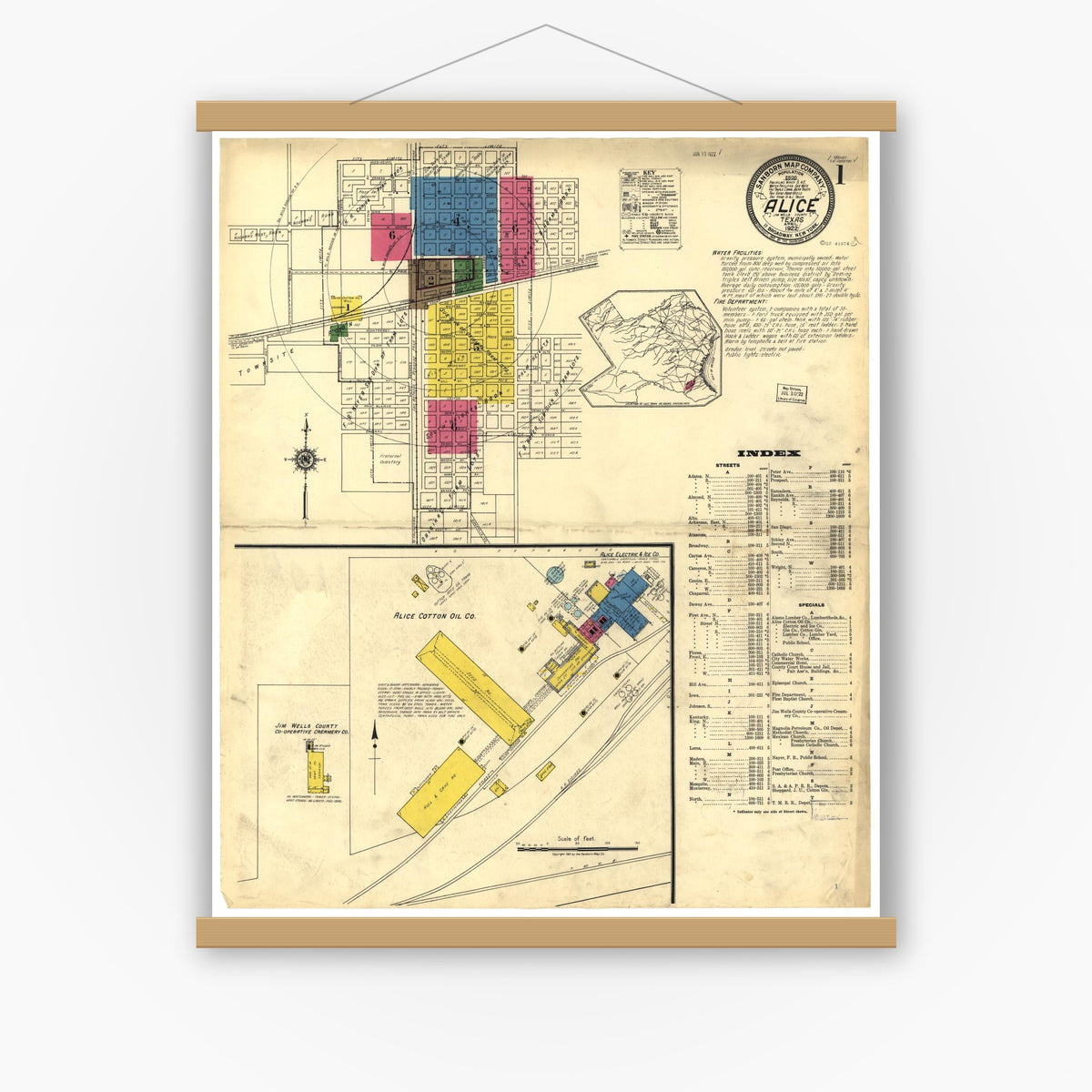 Old map wall art mockup — magnetic wood frame on white wall — Sanborn Fire Insurance Map from Alice, Jim Wells County, Texas (1922), Sheet #0001