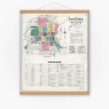 Old map wall art mockup — magnetic wood frame on white wall — Sanborn Fire Insurance Map from Fostoria, Seneca, Hancock, And Wood Counties, Ohio (1924) - Complete Map Set