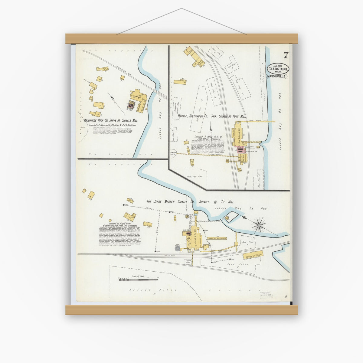 Old map wall art mockup — magnetic wood frame on white wall — Sanborn Fire Insurance Map from Gladstone, Delta County, Michigan (1900), Sheet #0007