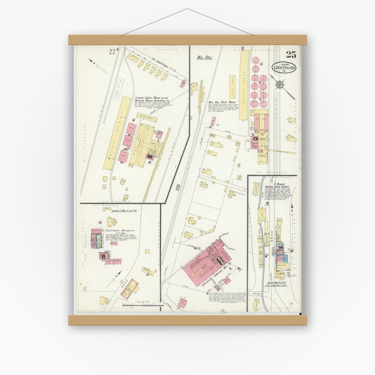 Old map wall art mockup — magnetic wood frame on white wall — Sanborn Fire Insurance Map from Lock Haven, Clinton County, Pennsylvania (1914), Sheet #0025