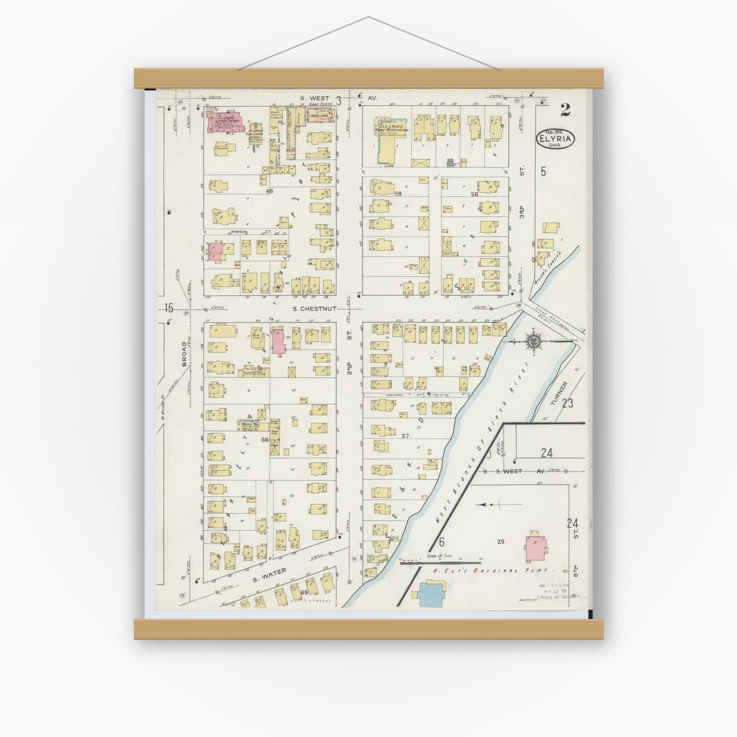 Old map wall art mockup — magnetic wood frame on white wall — Sanborn Fire Insurance Map from Elyria, Lorain County, Ohio (1915), Sheet #0002