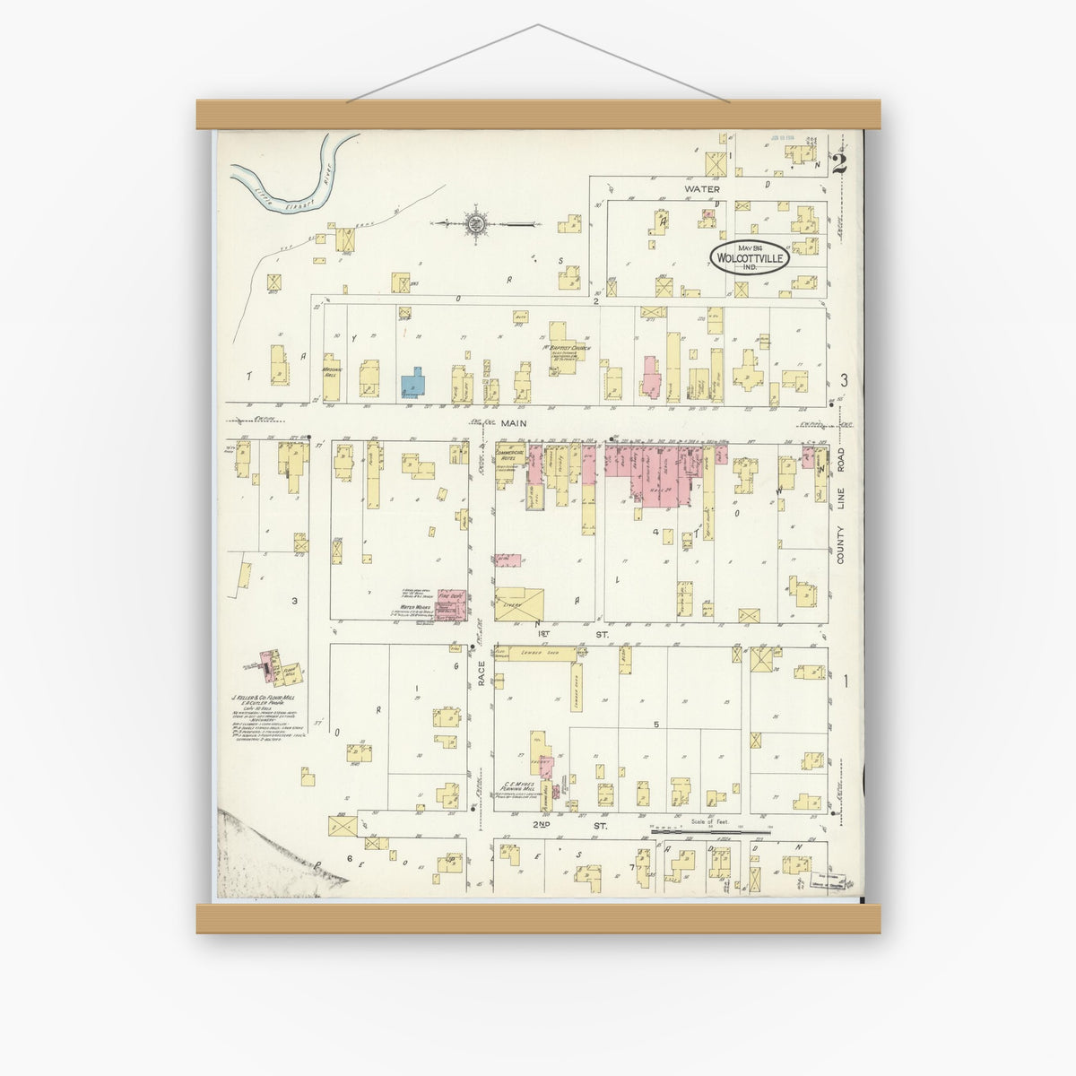 Old map wall art mockup — magnetic wood frame on white wall — Sanborn Fire Insurance Map from Wolcottville, Noble And LaGrange Counties, Indiana (1914), Sheet #0002