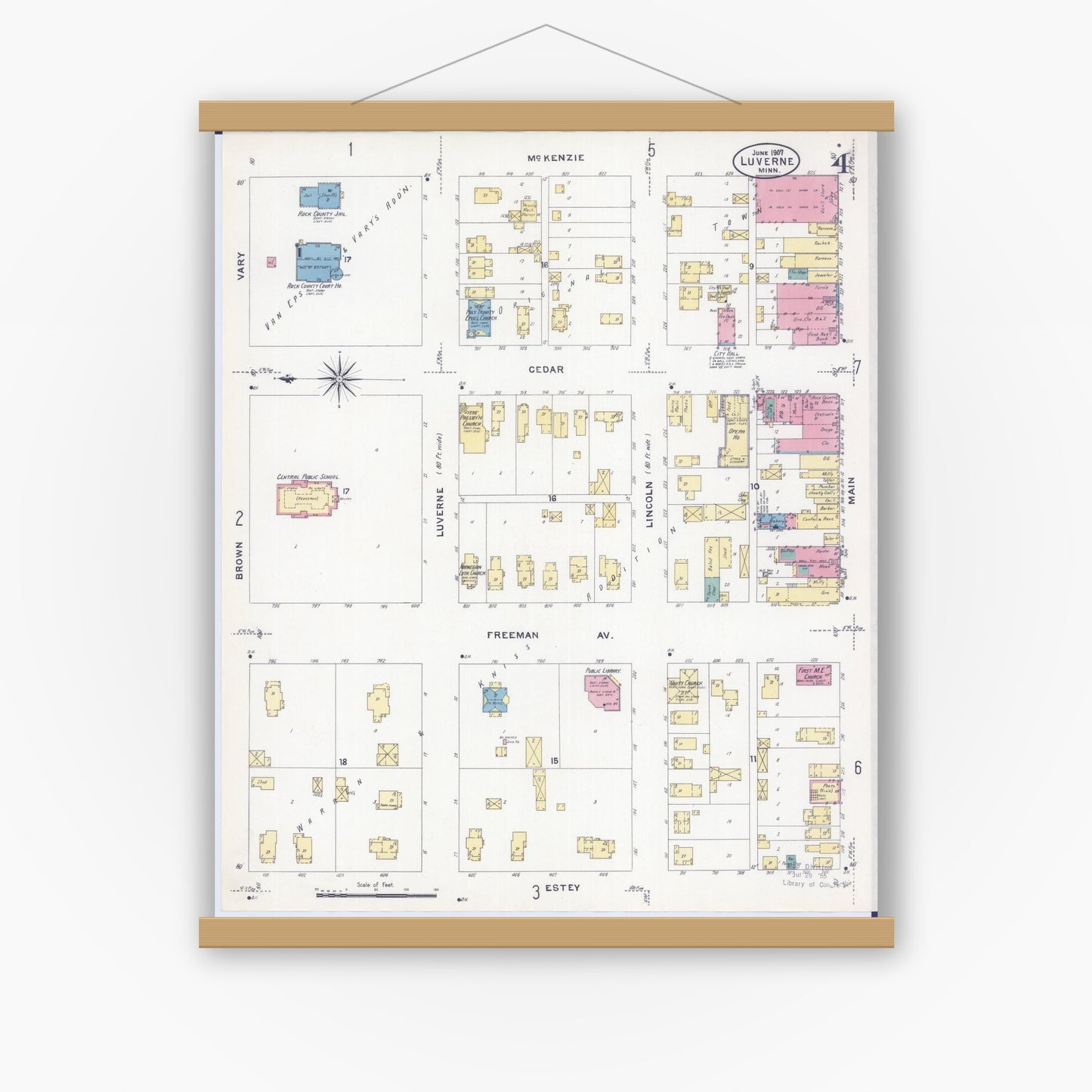 Old map wall art mockup — magnetic wood frame on white wall — Sanborn Fire Insurance Map from Luverne, Rock County, Minnesota (1907), Sheet #0004