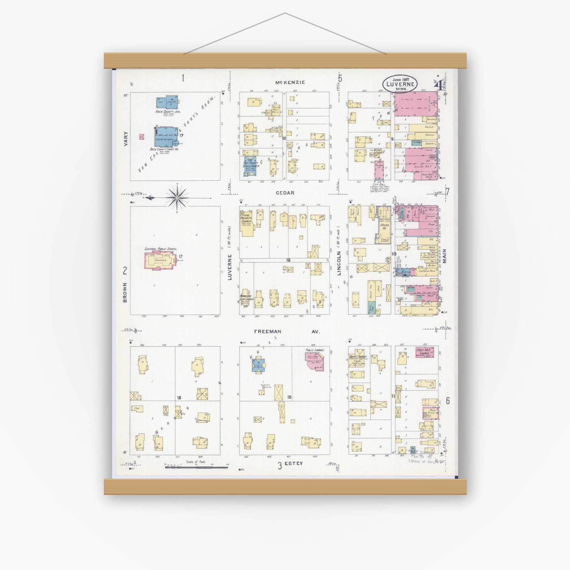 Old map wall art mockup — magnetic wood frame on white wall — Sanborn Fire Insurance Map from Luverne, Rock County, Minnesota (1907), Sheet #0004
