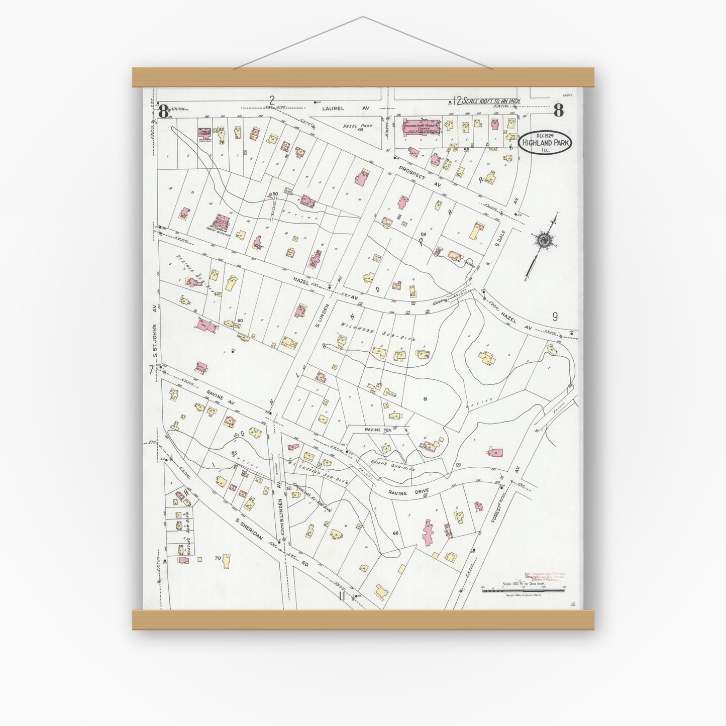 Old map wall art mockup — magnetic wood frame on white wall — Sanborn Fire Insurance Map from Highland Park, Lake County, Illinois (1924), Sheet #0008