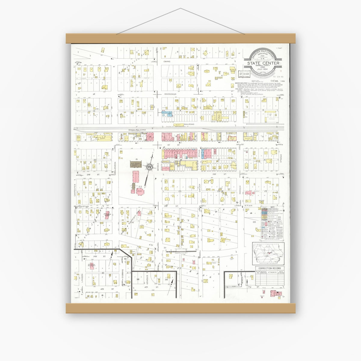 Old map wall art mockup — magnetic wood frame on white wall — Sanborn Fire Insurance Map from State Center, Marshall County, Iowa (1934), Sheet #0001