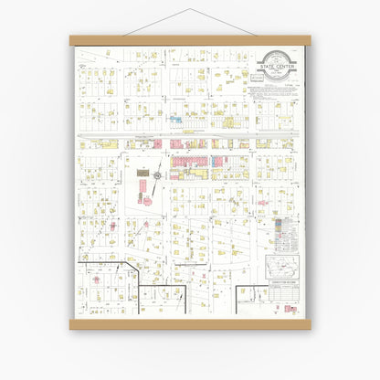 Old map wall art mockup — magnetic wood frame on white wall — Sanborn Fire Insurance Map from State Center, Marshall County, Iowa (1934), Sheet #0001