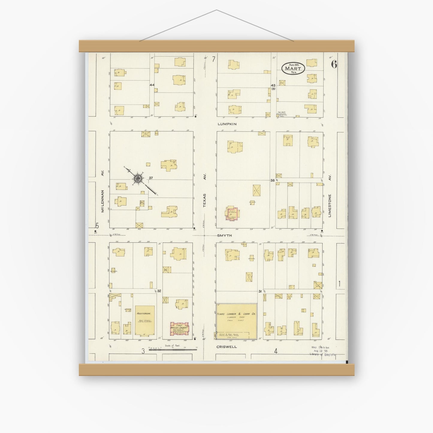 Old map wall art mockup — magnetic wood frame on white wall — Sanborn Fire Insurance Map from Mart, McLennan County, Texas (1915), Sheet #0006