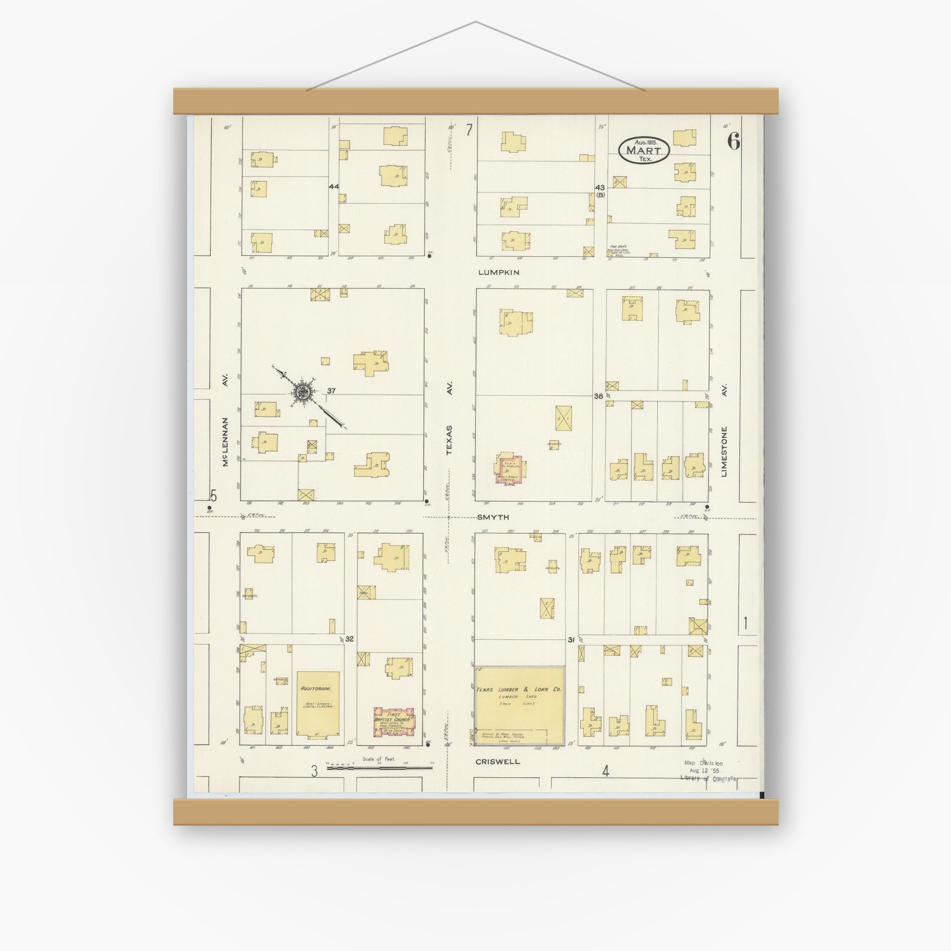 Old map wall art mockup — magnetic wood frame on white wall — Sanborn Fire Insurance Map from Mart, McLennan County, Texas (1915), Sheet #0006
