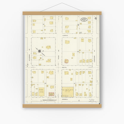 Old map wall art mockup — magnetic wood frame on white wall — Sanborn Fire Insurance Map from Mart, McLennan County, Texas (1915), Sheet #0006