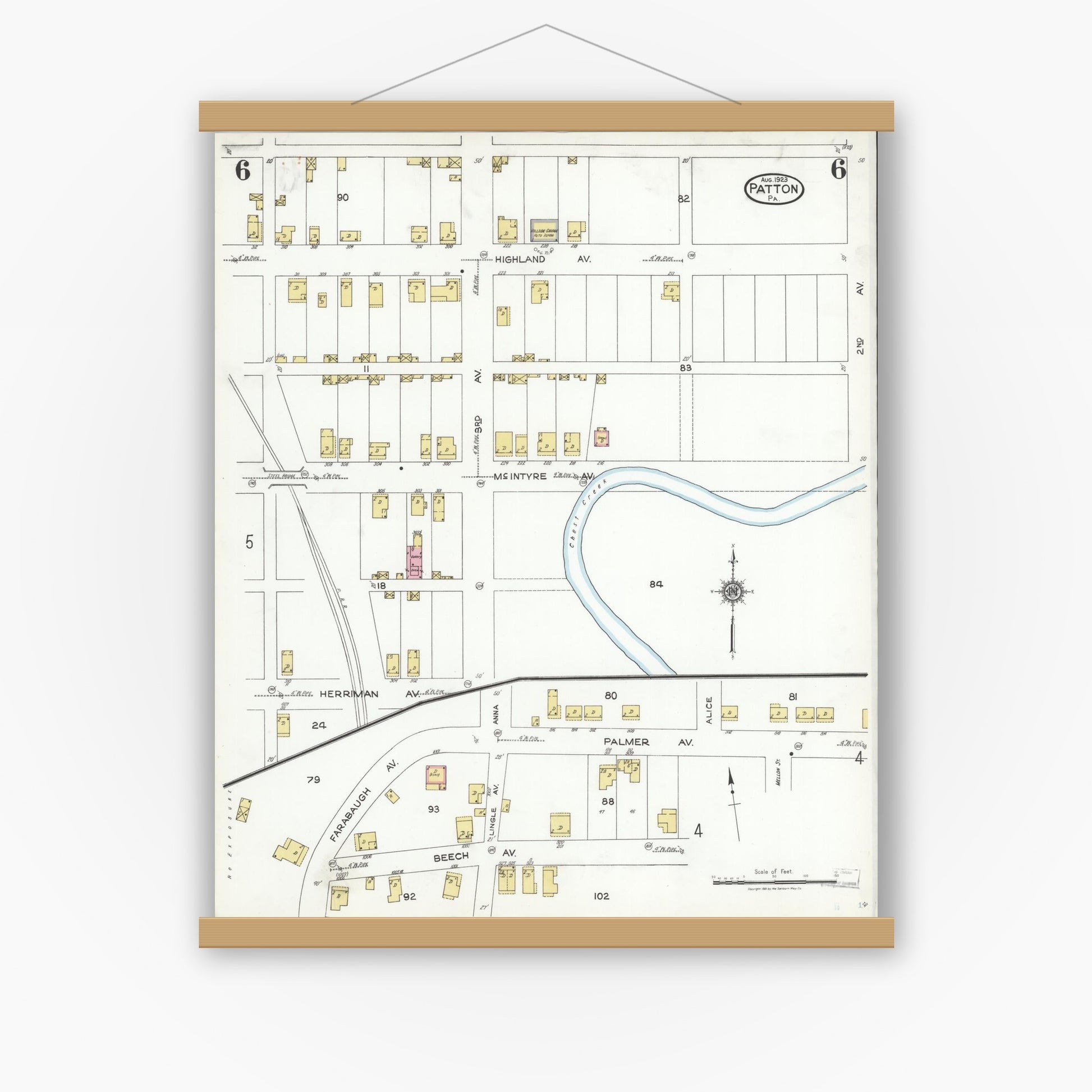 Old map wall art mockup — magnetic wood frame on white wall — Sanborn Fire Insurance Map from Patton, Cambria County, Pennsylvania (1923), Sheet #0006
