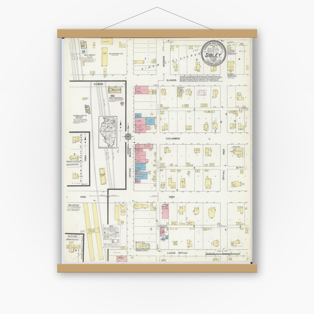 Old map wall art mockup — magnetic wood frame on white wall — Sanborn Fire Insurance Map from Sibley, Ford County, Illinois (1914), Sheet #0001