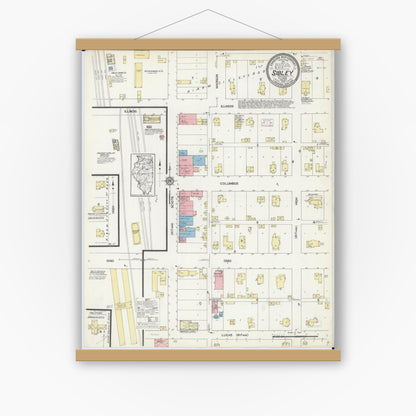 Old map wall art mockup — magnetic wood frame on white wall — Sanborn Fire Insurance Map from Sibley, Ford County, Illinois (1914), Sheet #0001
