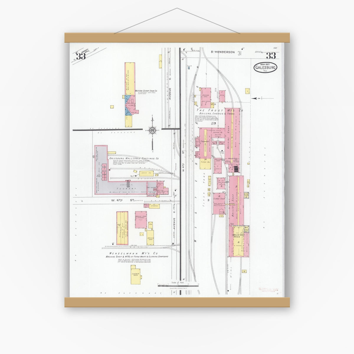 Old map wall art mockup — magnetic wood frame on white wall — Sanborn Fire Insurance Map from Galesburg, Knox County, Illinois (1927), Sheet #0033