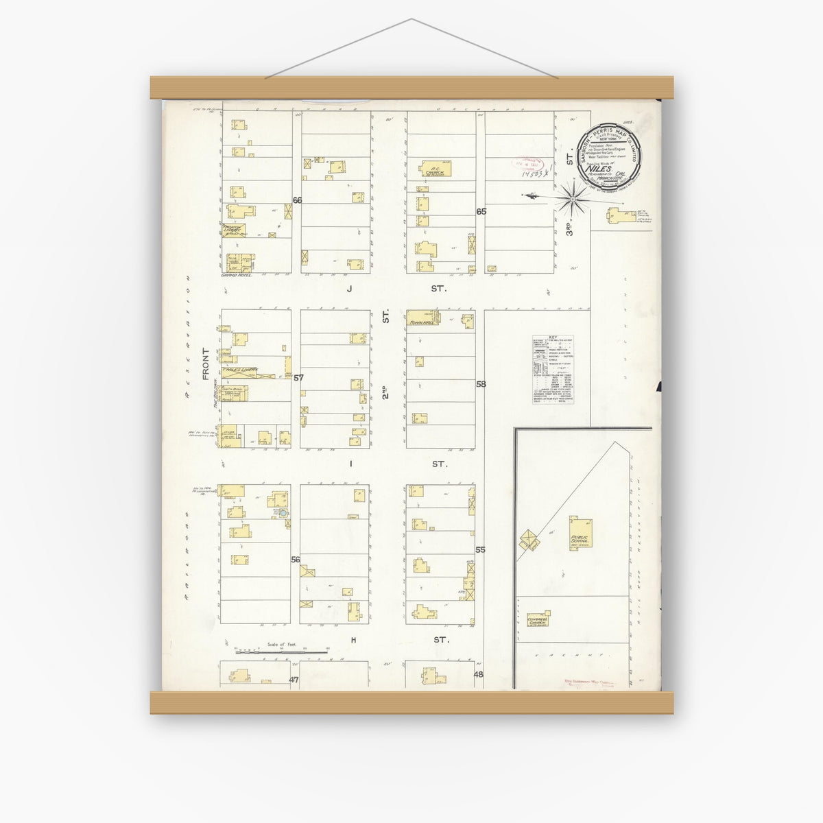 Old map wall art mockup — magnetic wood frame on white wall — Sanborn Fire Insurance Map from Niles, Alameda County, California (1892), Sheet #0001