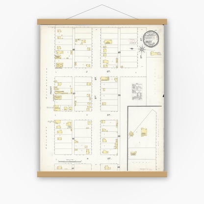 Old map wall art mockup — magnetic wood frame on white wall — Sanborn Fire Insurance Map from Niles, Alameda County, California (1892), Sheet #0001