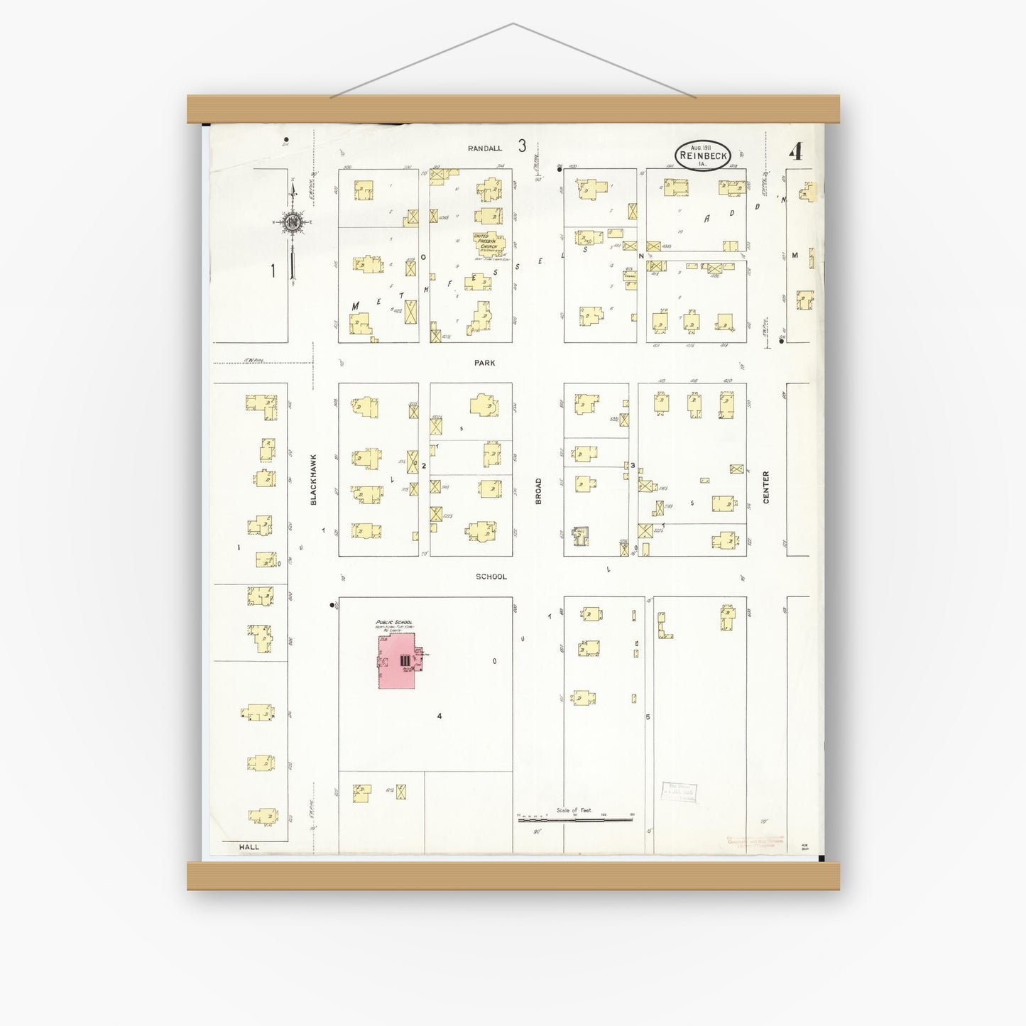 Old map wall art mockup — magnetic wood frame on white wall — Sanborn Fire Insurance Map from Reinbeck, Grundy County, Iowa (1911), Sheet #0004