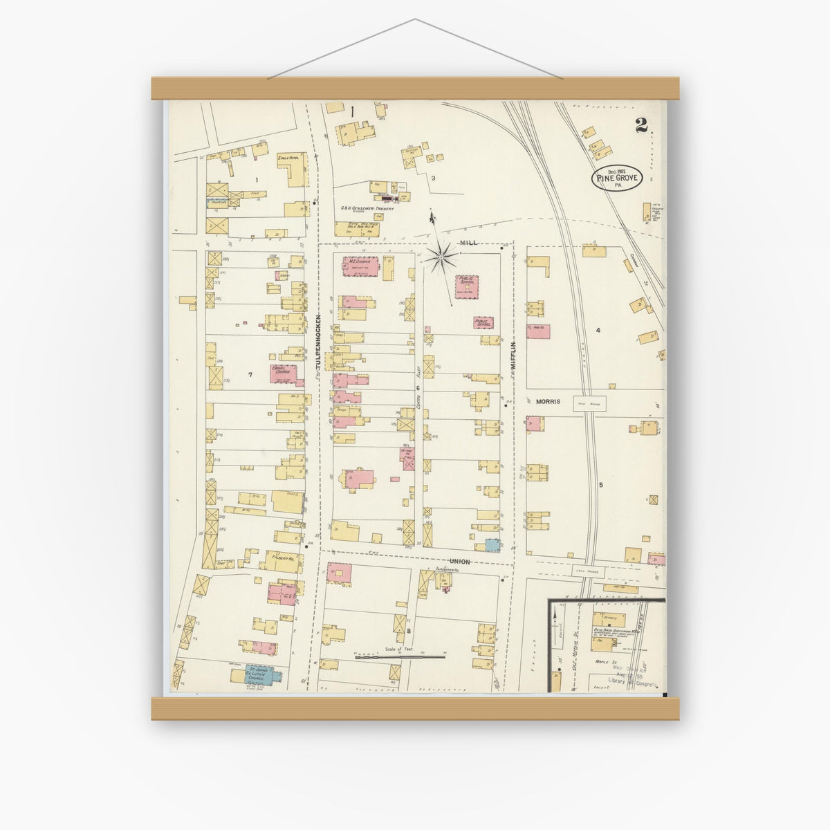 Old map wall art mockup — magnetic wood frame on white wall — Sanborn Fire Insurance Map from Pine Grove, Schuylkill County, Pennsylvania (1902), Sheet #0002