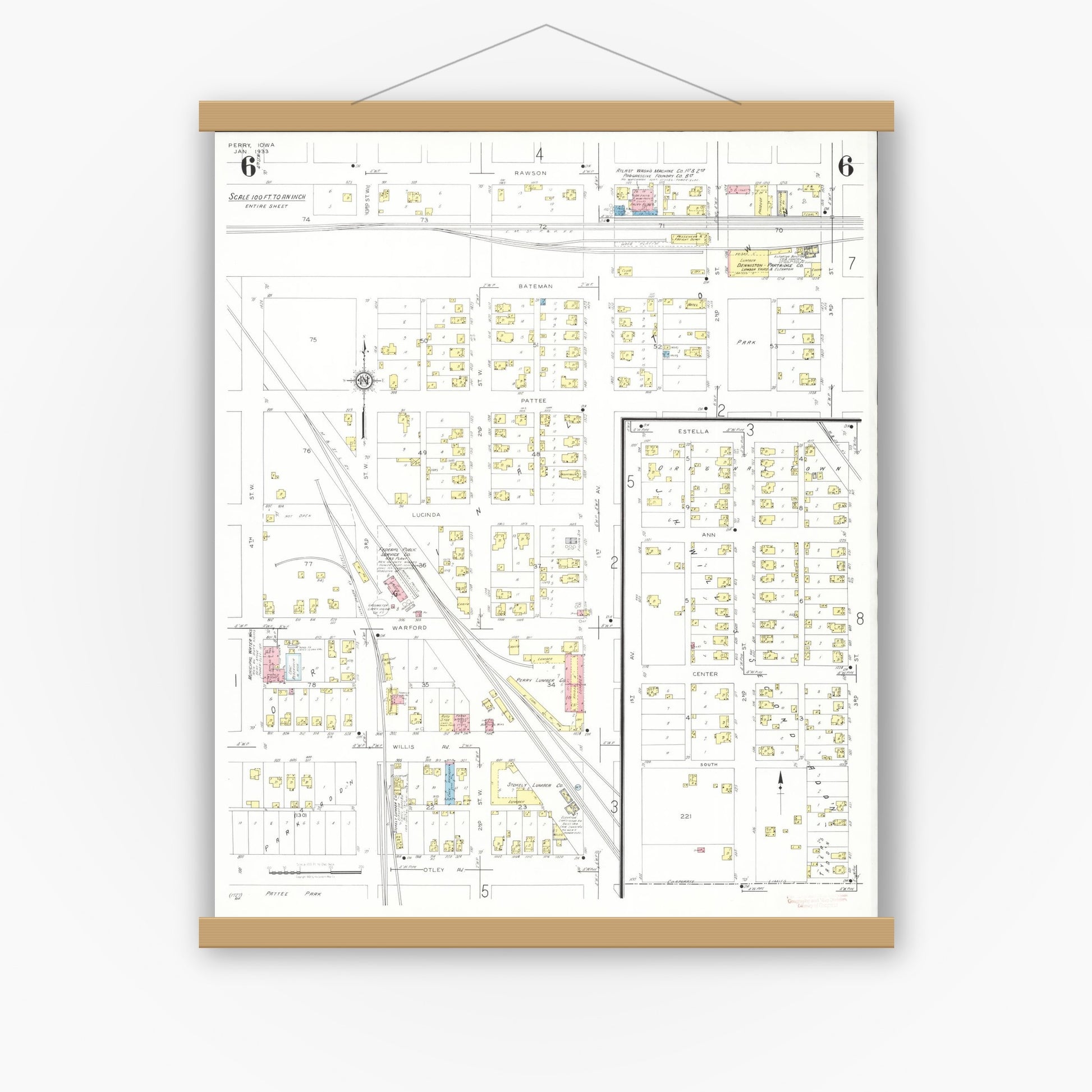 Old map wall art mockup — magnetic wood frame on white wall — Sanborn Fire Insurance Map from Perry, Dallas County, Iowa (1933), Sheet #0006