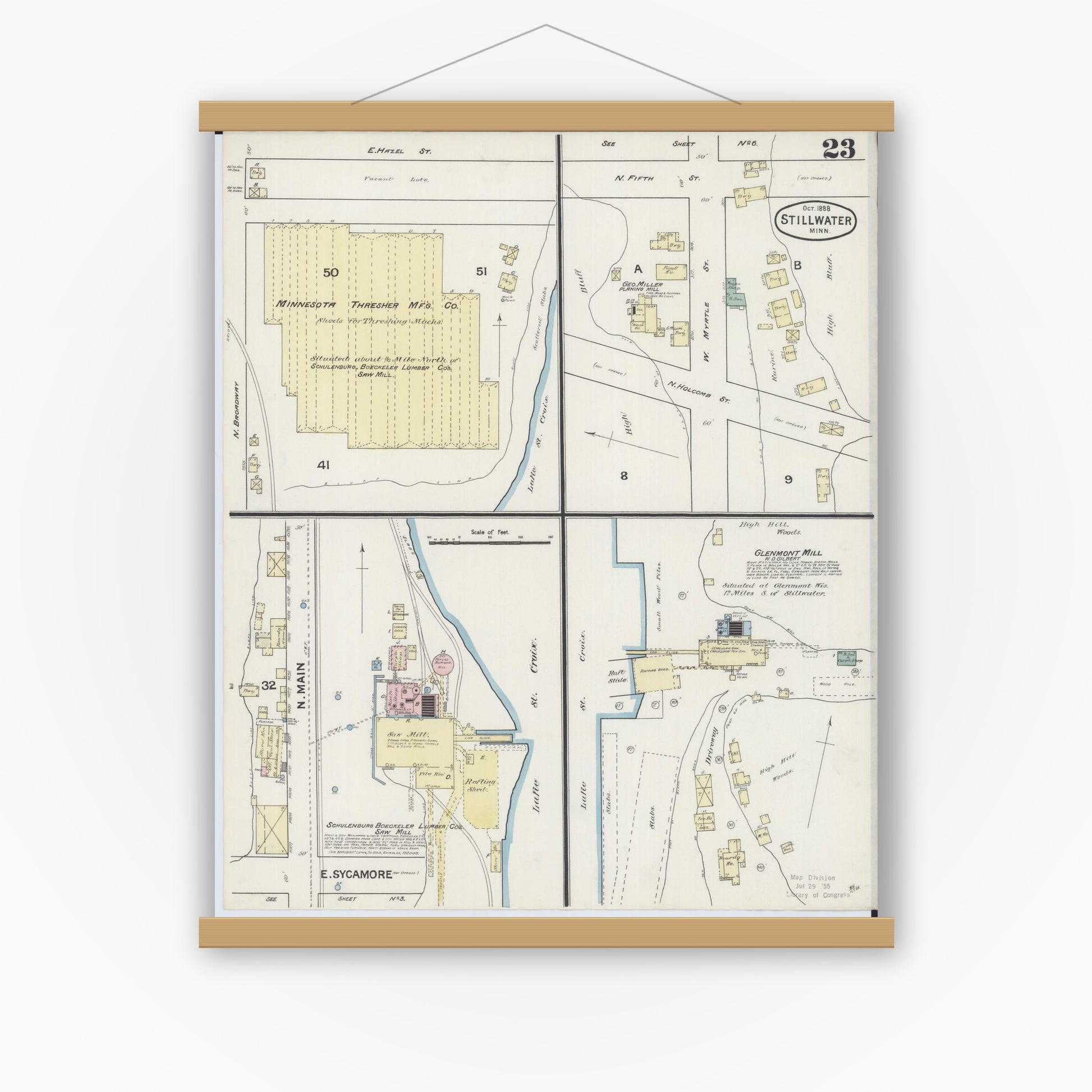 Old map wall art mockup — magnetic wood frame on white wall — Sanborn Fire Insurance Map from Stillwater, Washington County, Minnesota (1888), Sheet #0023