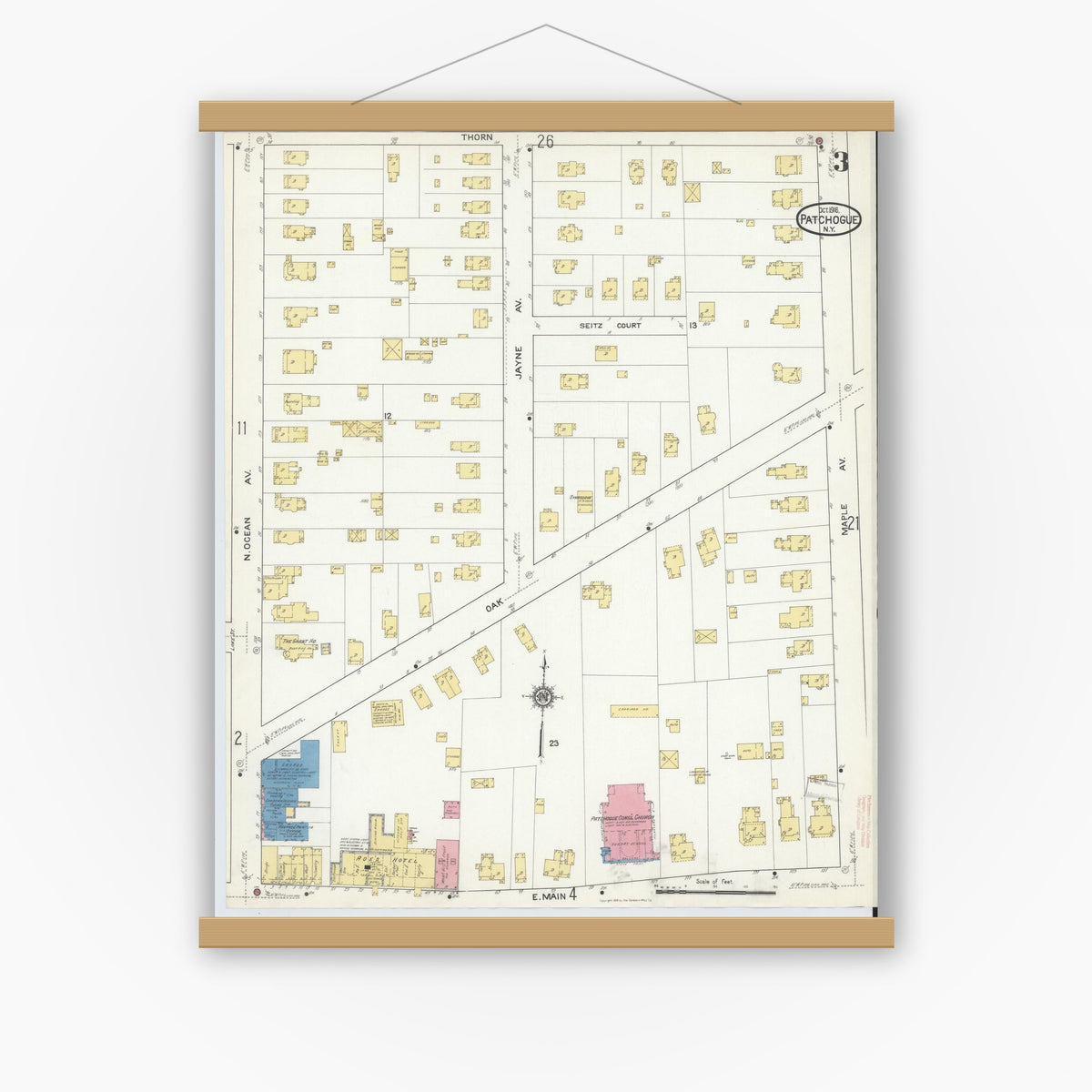 Old map wall art mockup — magnetic wood frame on white wall — Sanborn Fire Insurance Map from Patchogue, Suffolk County, New York (1916), Sheet #0003