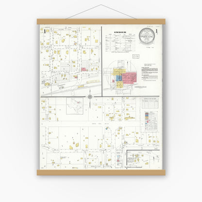Old map wall art mockup — magnetic wood frame on white wall — Sanborn Fire Insurance Map from Grapevine, Tarrant County, Texas (1935), Sheet #0001