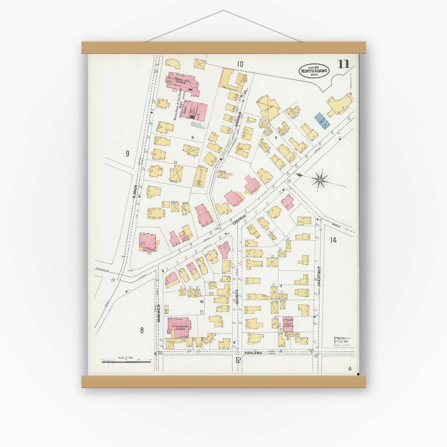 Old map wall art mockup — magnetic wood frame on white wall — Sanborn Fire Insurance Map from North Adams, Berkshire County, Massachusetts (1901), Sheet #0011