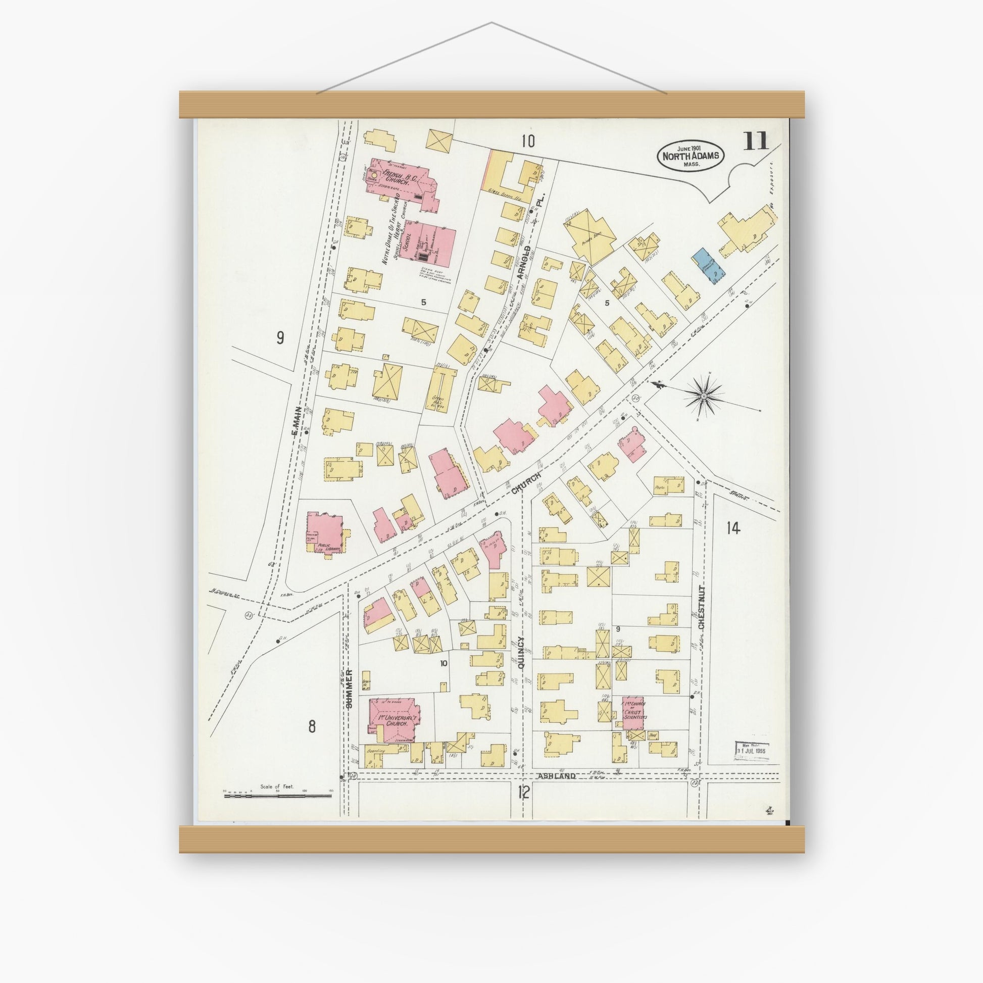 Old map wall art mockup — magnetic wood frame on white wall — Sanborn Fire Insurance Map from North Adams, Berkshire County, Massachusetts (1901), Sheet #0011